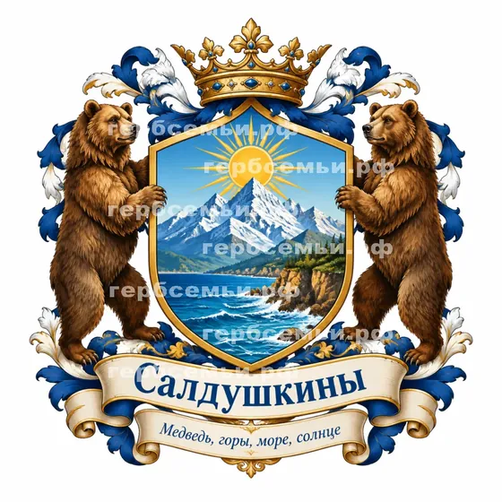ИИ-герб семьи Салдушкиных: два медведя, горы, море и солнце