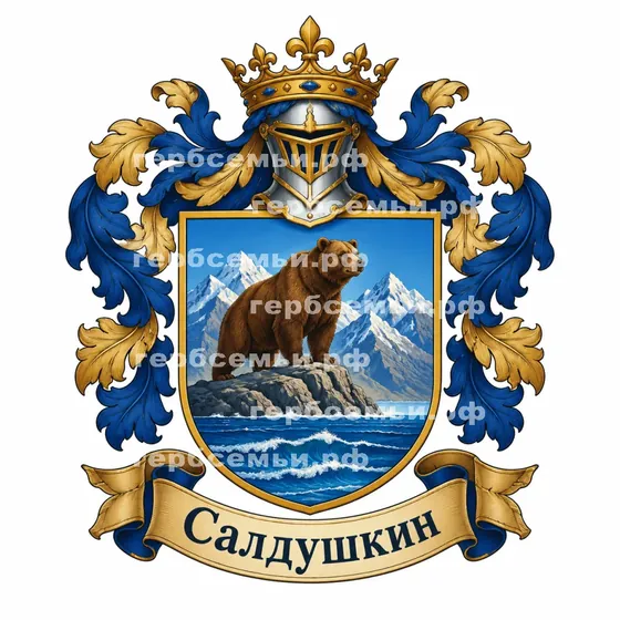 ИИ-герб фамилии Салдушкин: медведь на скале у моря
